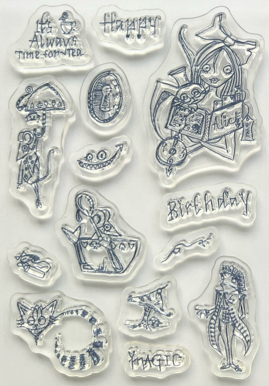 Clear Polymer Stamp A6 Alice - Book and Happy Birthday